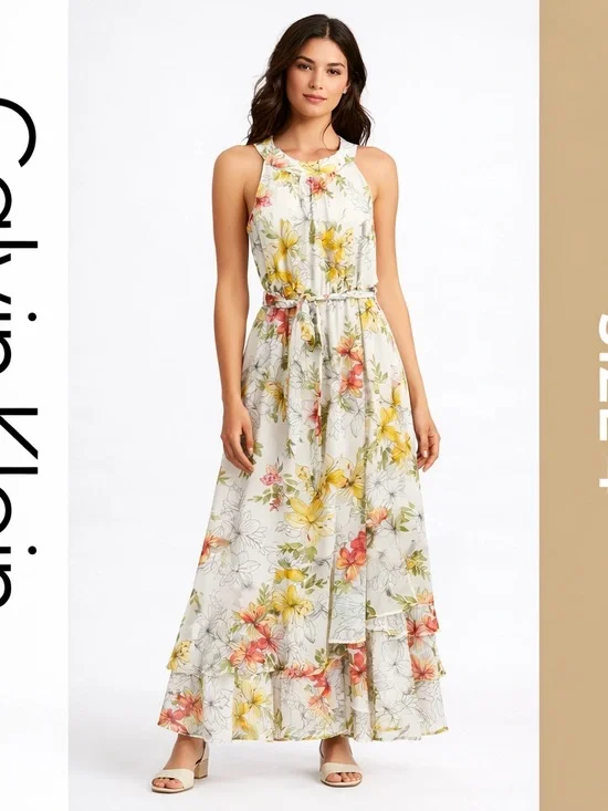 Calvin Klein Floral Maxi Dress Size 4 Sleeveless Belted Flowy Spring - Picture 1 of 4